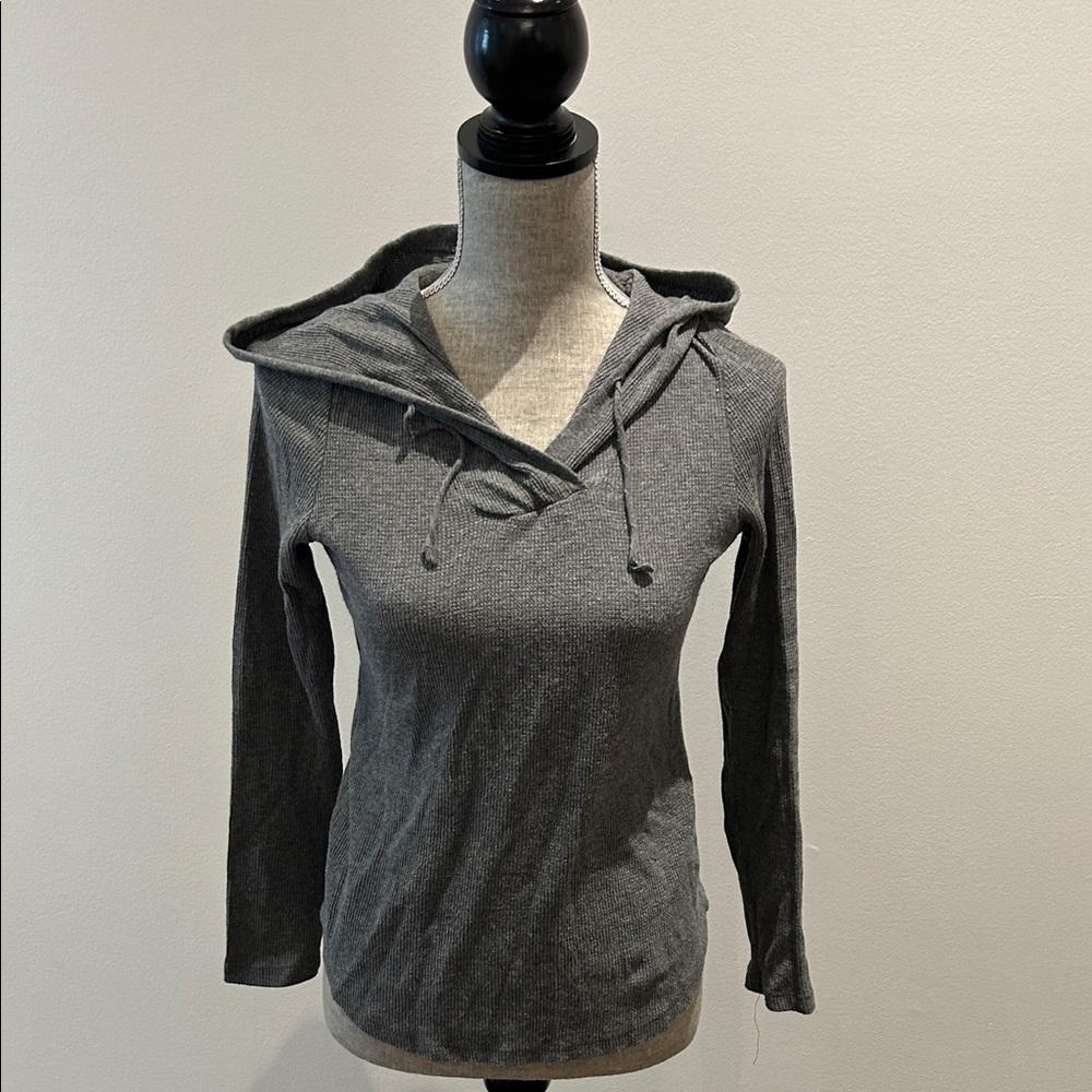 Buffalo David Bitton Gray Hooded V-Neck Long Sleeve Top